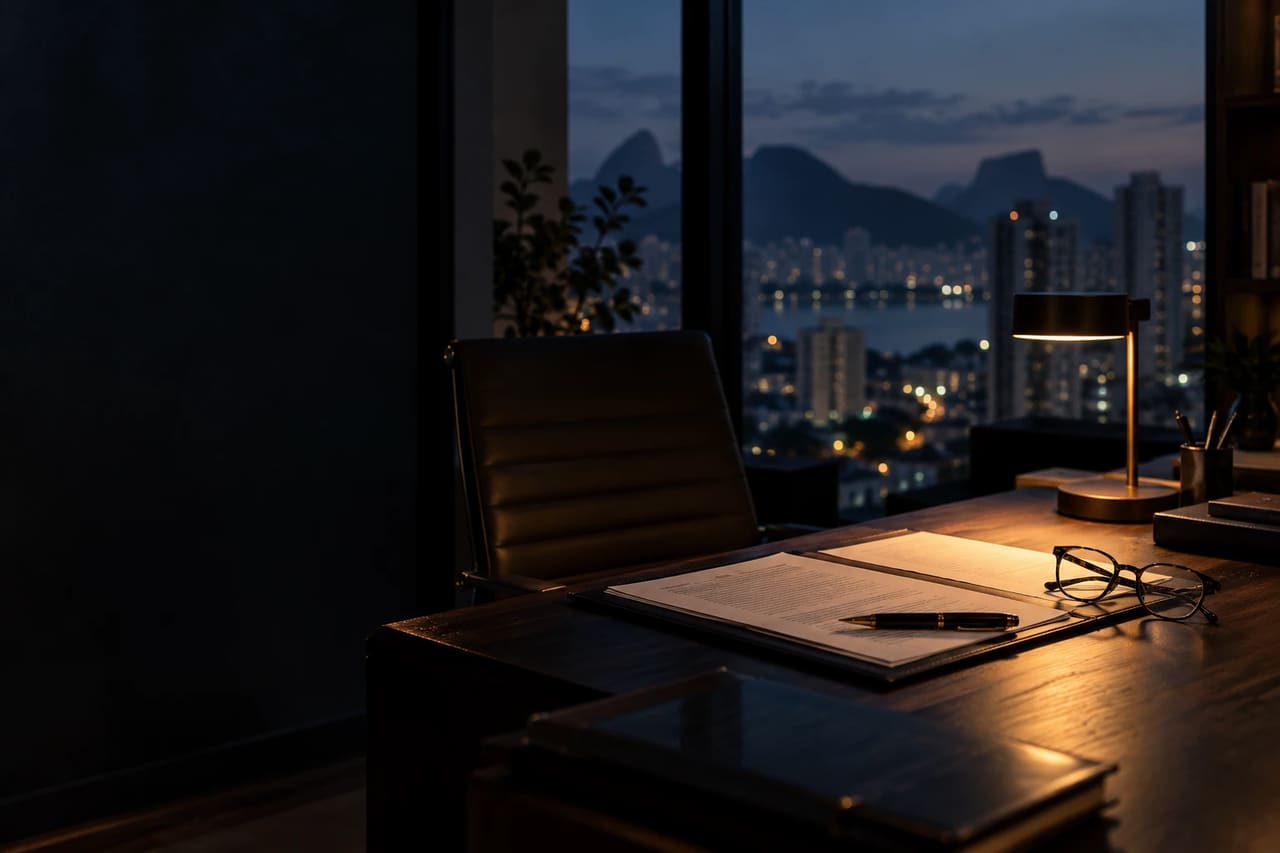 Mesa de trabalho do escritório à noite, com documentos sob a luz da luminária e a cidade ao fundo